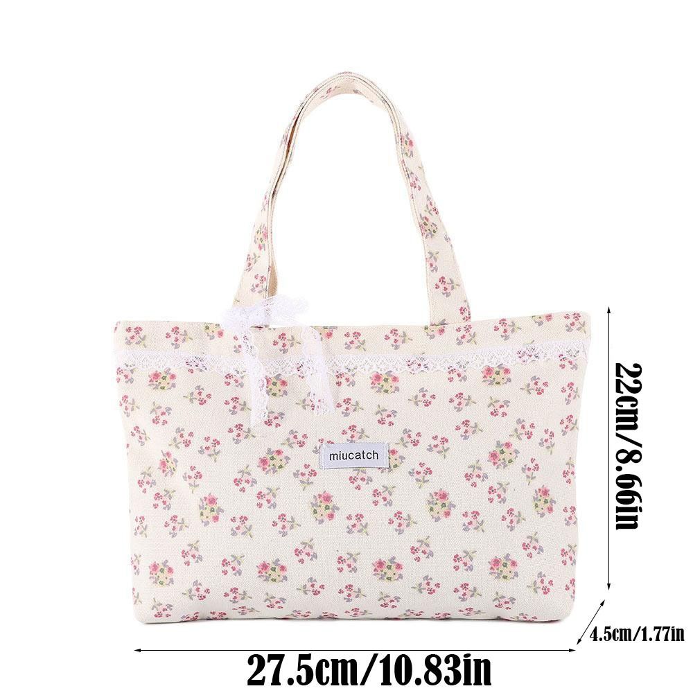 Fashion Canvas Printed Tote Bag Large Capacity Sweet Shoulder Bag with Lace Bow Storage Handbags
