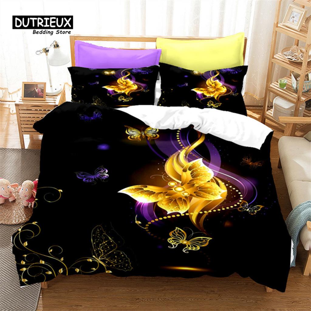 Comforter Golden Butterfly And Floral Bedding Set Queen Print Black For Kids Girls Boys Adults Bedroom Decor