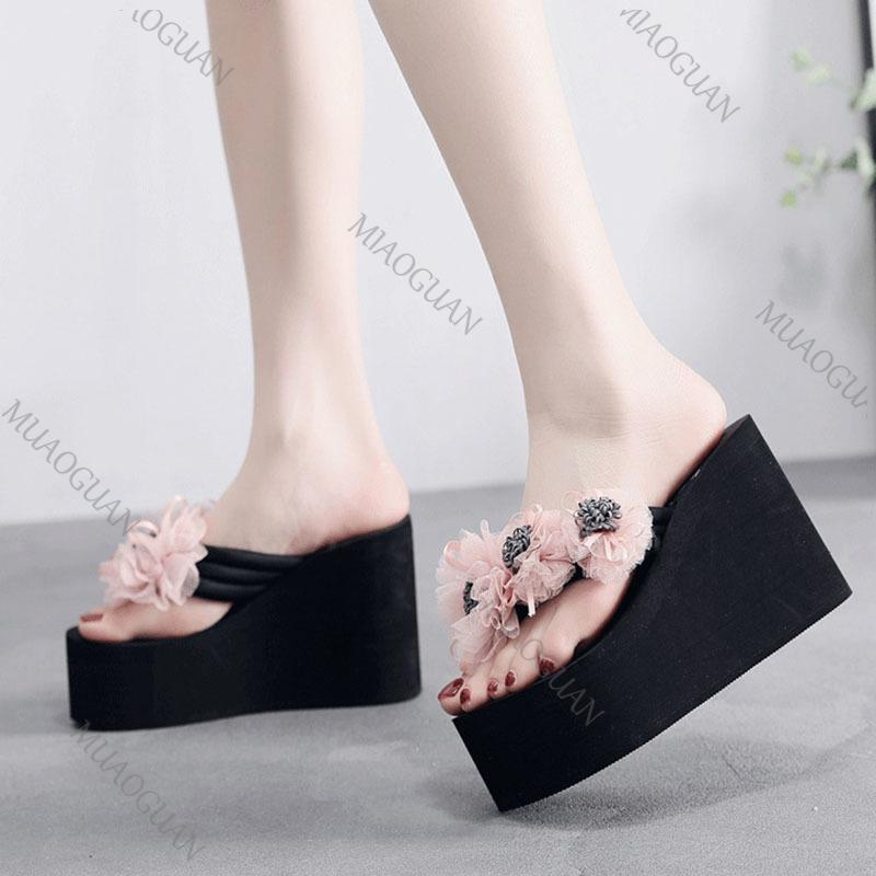 Fashion Flower Decor Wedge Flip Flops Women 2025 Summer Black Thick Bottom Platform Sandals Slides Woman 11cm High Heels Beach Slippers