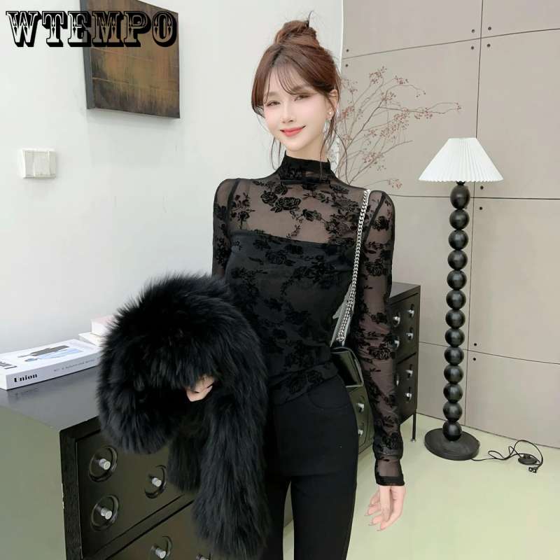 Svart krydderblonder flocking halv høy hals langermet t-skjorte dame høst og vinter premium følelse inner topper