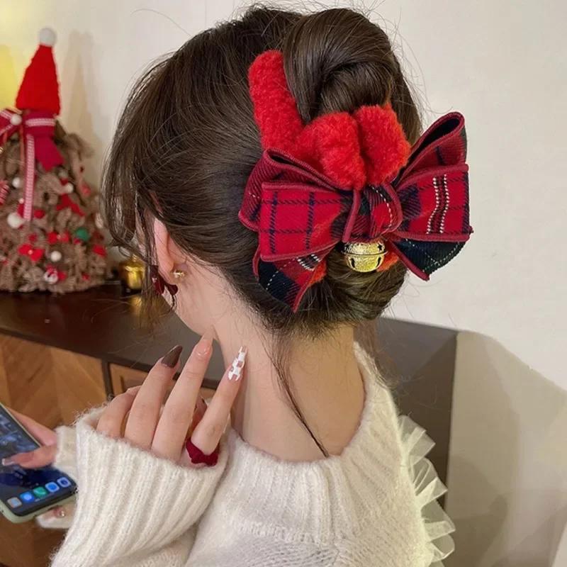 Women's Multi Color Christmas Bow Bell Plush Grasp Clip Autumn Winter Girl Grid Hairpin Shark Clip Headpiece Butterfly Hair Clip