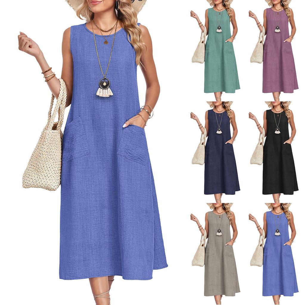 Women's Fashion -Color Round-Neck Sleeveless Casual Dress With Pockets