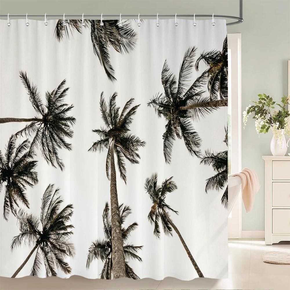 High Quality Sunny Beach Palm Tree Printed Fabric Shower Curtains Sea Scenery Bath Screen Waterproof Bathroom Decor with Hooks