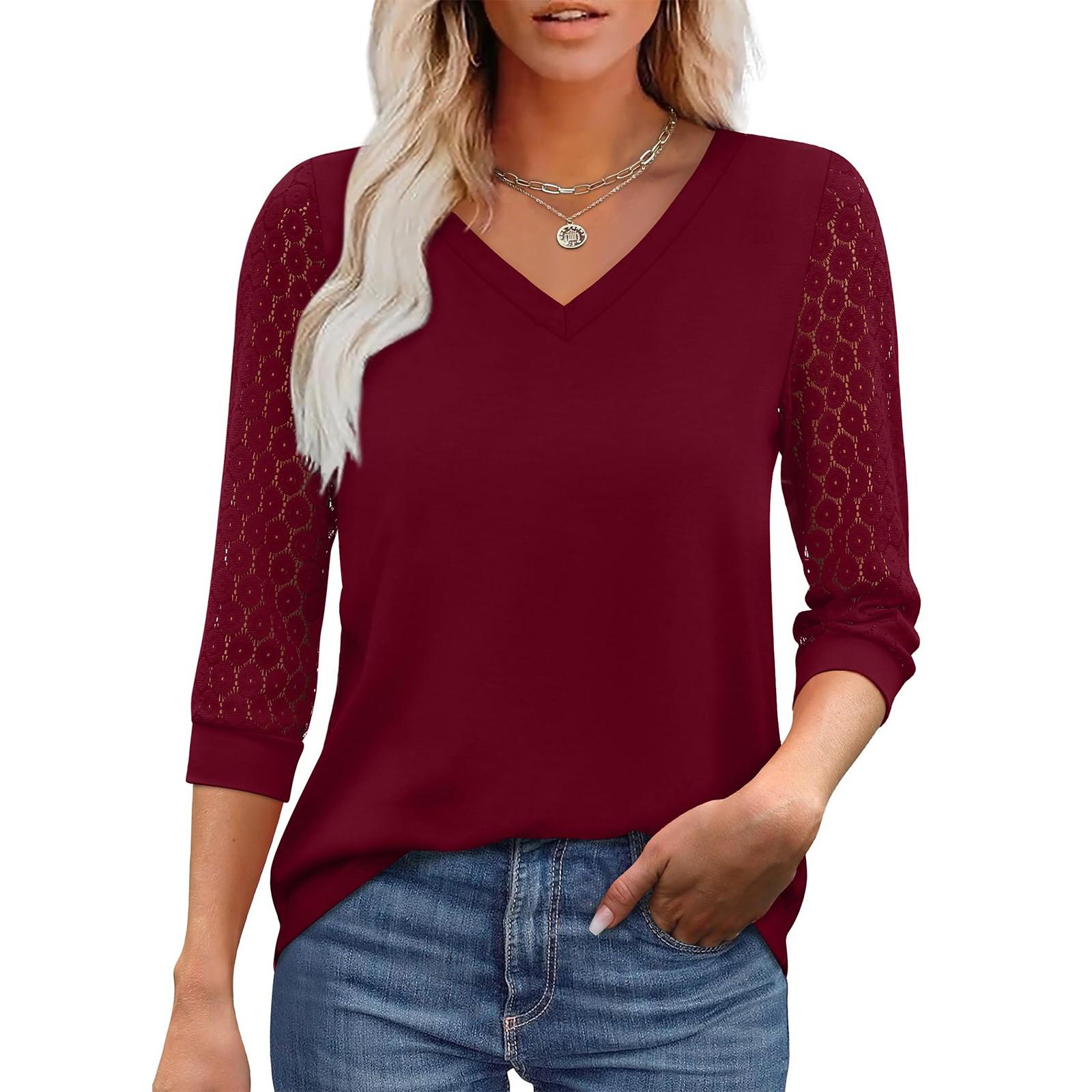 

Женский топ с рукавом 3/4 и V-образным вырезом, однотонные кружевные повседневные блузки в стиле пэчворк M