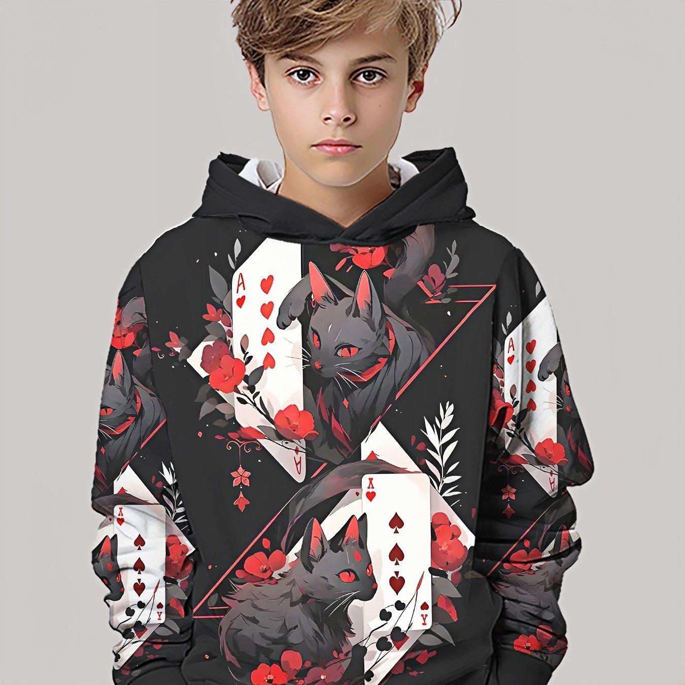 

3D digital printed dark poker red rose black cat pattern hooded sweatshirt, fashionable and trendy children s casual clothing 13-14Y