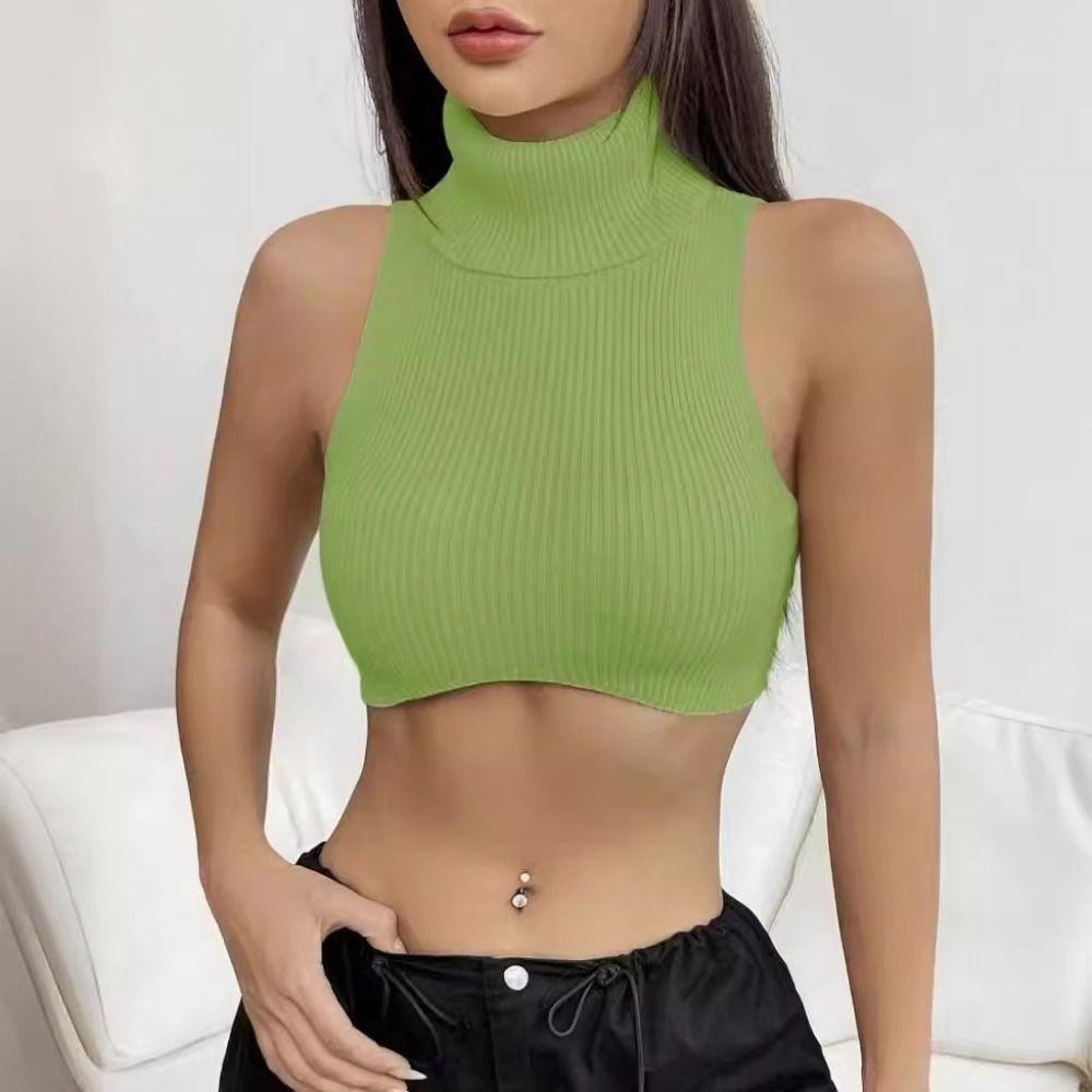 Solid Color Sleeveless Corset Knit Fabric Turtleneck Crop Top New Sexy Slim Vest  Casual Wear