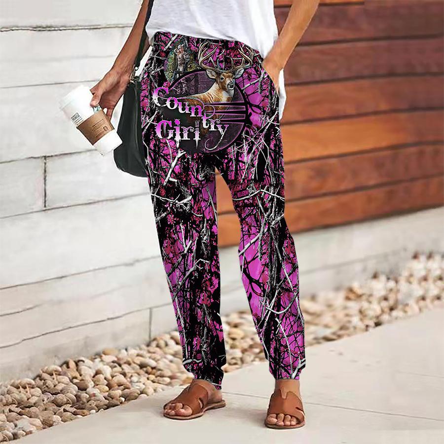 Women Flower Printing Pants Lace Up Elastic Waist Loose  Trousers Casual Long Pants Trousers with Pockets