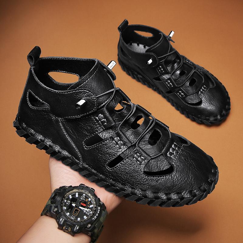 Fashion Summer Anti-collision Toe Men Sandals Casual Leather Roman Shoes Outdoor Man Beach Shoes High Top Ankle Boots Soft Summer Flats