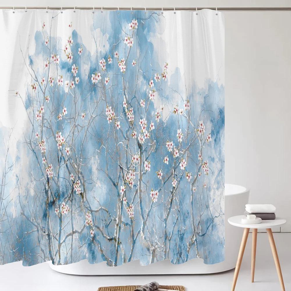 Chinese Style Flower And Bird Landscape Shower Curtain Waterproof Bathroom Curtain Bath Curtains Fabric 3D Printed With Hooks