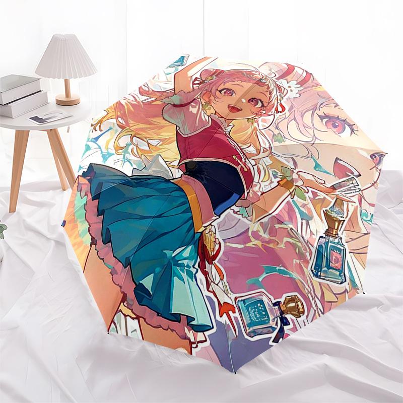 1 Stück Outdoor-Schirm mit Anime-Mädchen und Parfümflaschen-Aufdruck - Automatisches Öffnen/Schließen, Tragbares 3-fach faltbares Design, 8-Rippen-Eisenrahmen - Perfektes Geschenk
