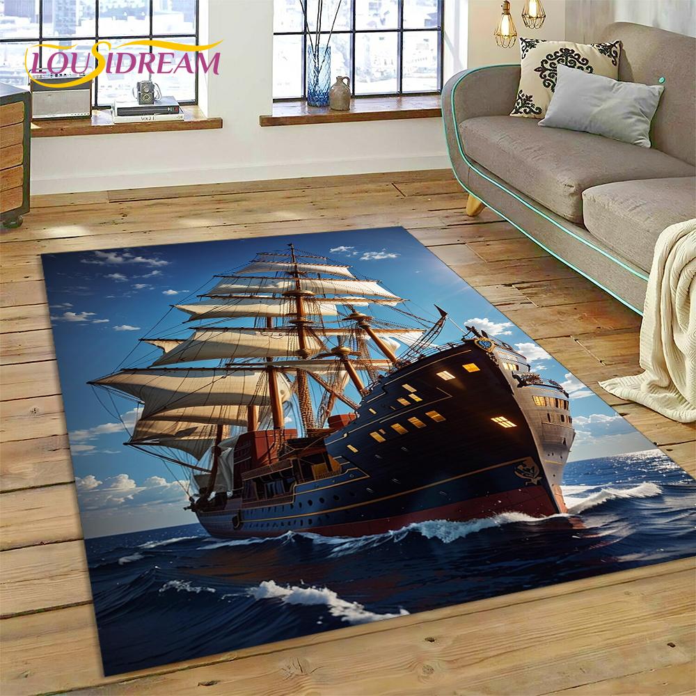 Ancient Pirate Ship Boat,Barque,Sailboa Rug Carpet for Living Room Bedroom Decor,Floor Mat Non-slip Decoration for Sofa Doormat