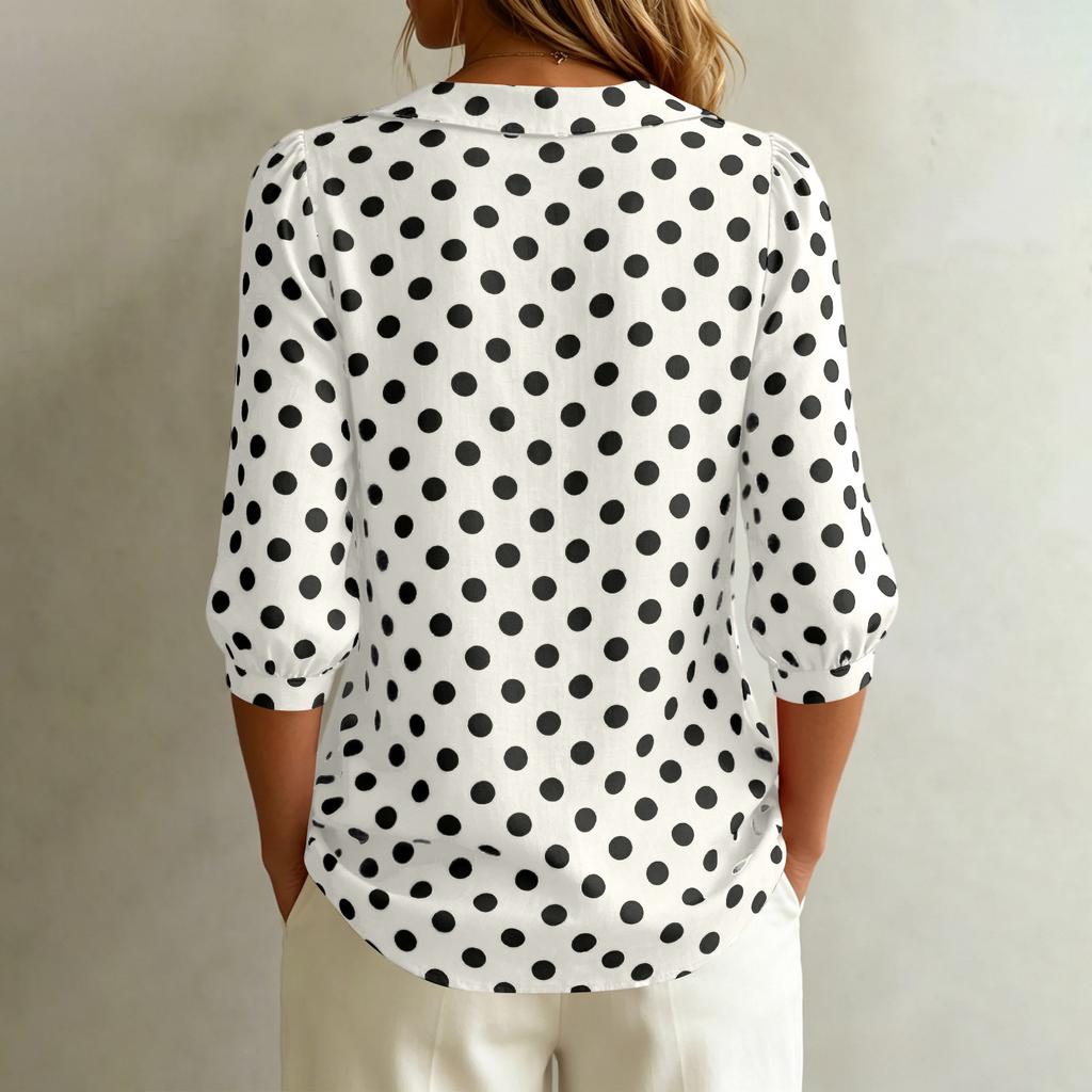 Damen Lässige Lockere Passform V-Ausschnitt Bluse mit Polka-Dot-Print Langarm Leichtes Hemd Oberteile für den Alltag