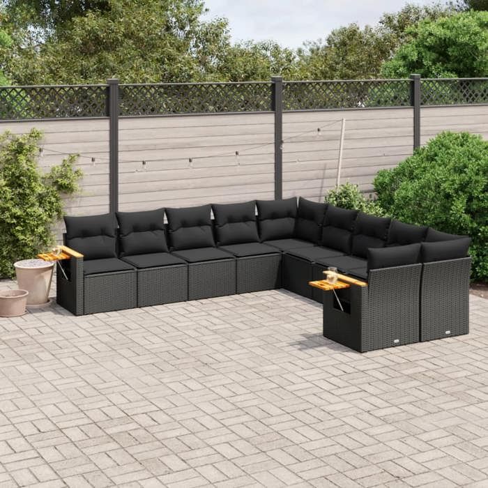 VidaXL Salon de Jardin avec Coussins 10 pcs, Canapés de Terrasse, Ensemble de Meubles de Patio, Mobilier d'Extérieur, Noir 3259591