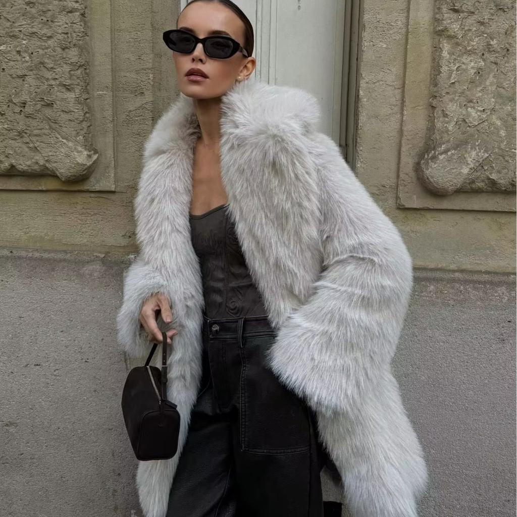 Autumn and winter European and American women's artificial fur warm medium and long suit collar coat coat