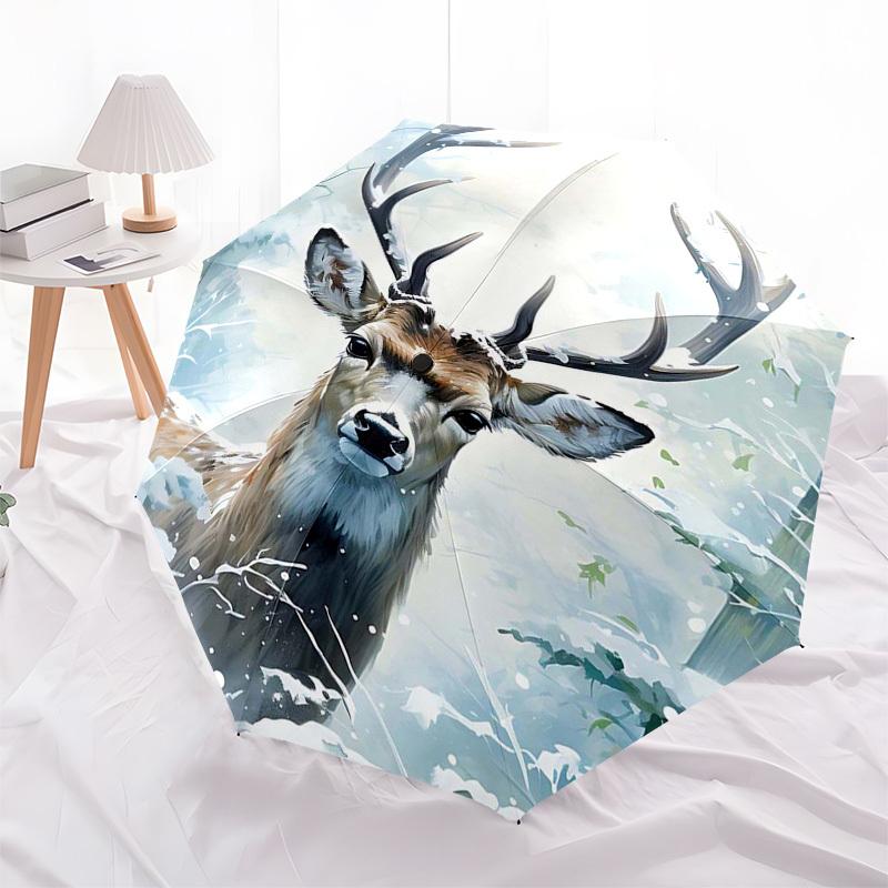 1pc Winter Wonderland Deer: Automatic Opening/Closing Umbrella with Foldable Design, Iron Frame for Outdoor Use, Festive Gift for Fans and Travelers.V