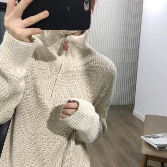 2026 Women's Korean-Style Hooded Sweater: Autumn/Winter Thick, Loose, Age-Reducing Half-Zip Design