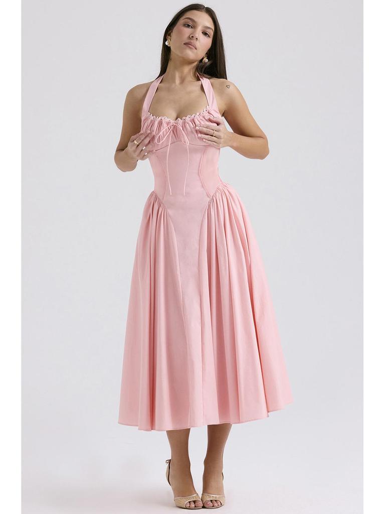 2025 European & American Style Summer Slim Spaghetti Strap Printed Halter Lace Dress