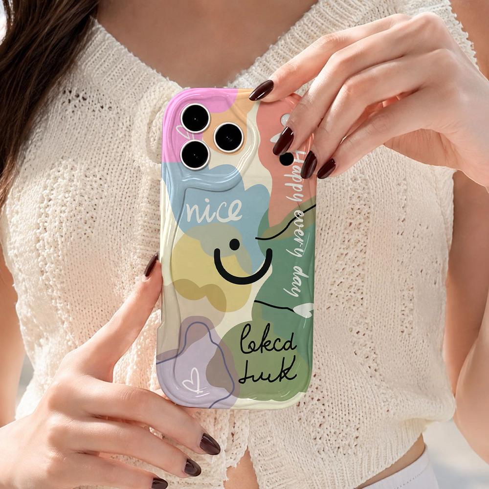 Pastel Smile Hand Letter Good Luck Phone Case For iPhone 17 16 15 14 13 12 11 Pro Max Plus Wavy Edge Cover