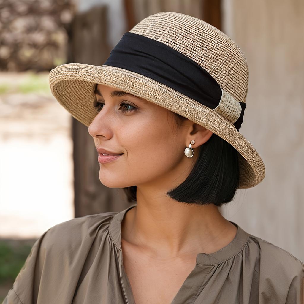 French Bow Retro Rolled Brim Straw Hat, Adjustable Women's Sun Hat for Beach Vacation Travel