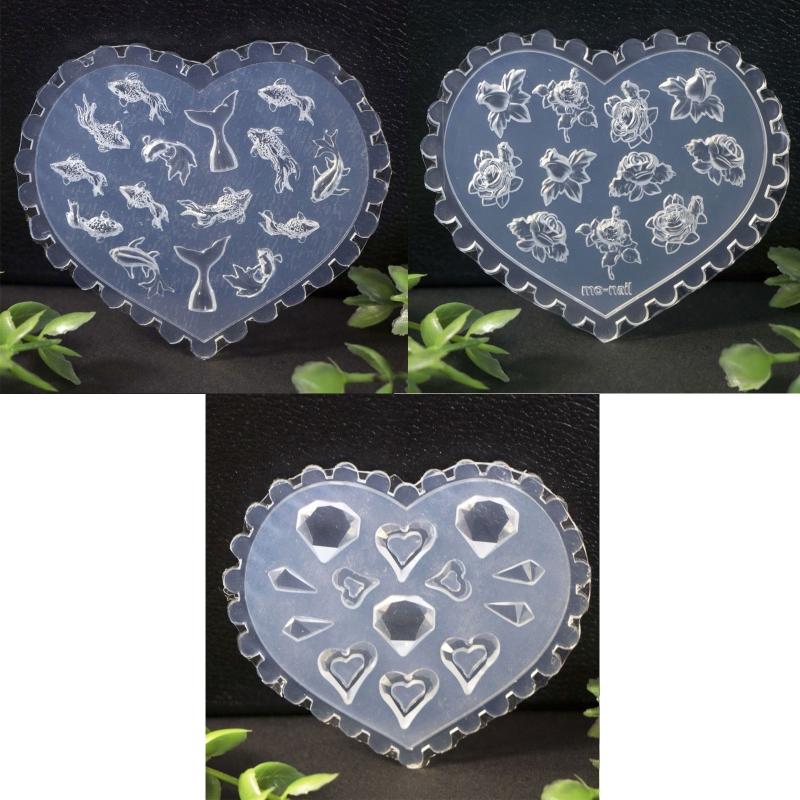 3D Rose Heart Fish Shaped Mold Nail Art Mold Silicone Combination Decorative Mold Nail Art Making Tool Carving Mould