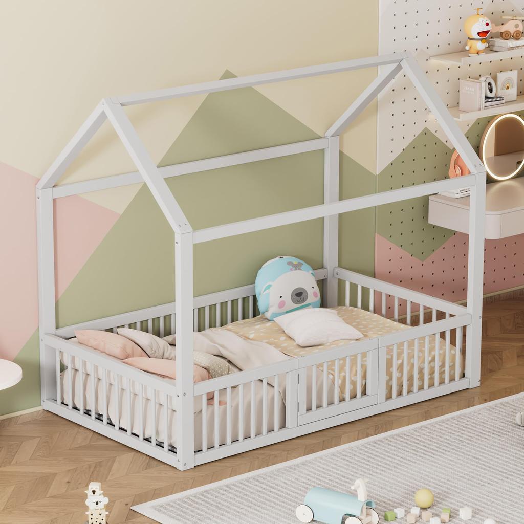 Children's Bed 90x200 Solid Wood House Shape Double Bed, Sturdy, Suitable for Single Bed, Babies Children Adolescents, Without Mattress