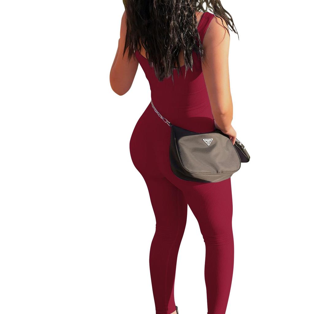 Women's Sleeveless Ribbed Slimming Bodysuit - Square Neck, Backless, Hip-Lifting Jumpsuit