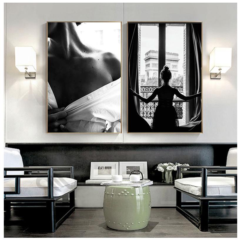 Black and White Sexy Window Girl Nordic Canvas Painting Fashion Beautiful Woman Posters Wall Art Pictures Living Room Home Decor
