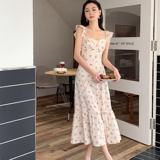 Women Summer Maxi Dress Side Split Elastic Bust Sleeveless Flower Print Ruffle Dress-up Patchwork Backless Women Dating Dress Female Clothing