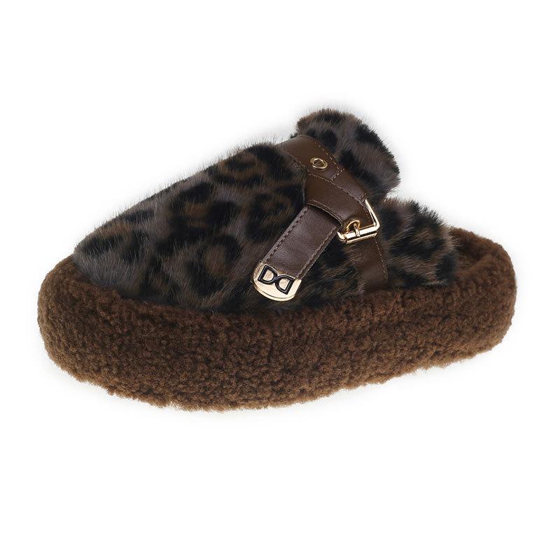 Mao Mao shoes women's winter velvet outer wear lazy one-pedal women's shoes 2025 new thick-soled leopard print bag head half slippers