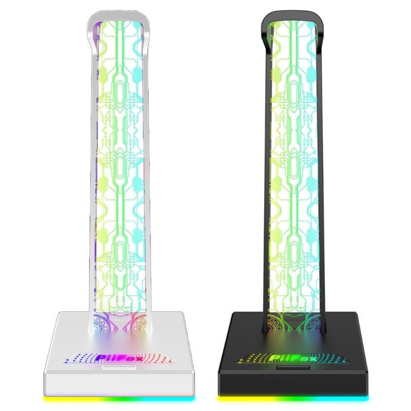 LED Headphone Stand 2 USB Charging Port Desk Gaming Headset Holder with 10 Light Modes Suitable for Earphone Accessories