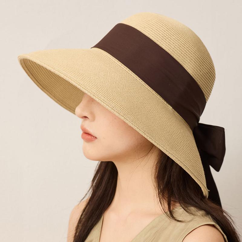Summer Big Brim Sunscreen Straw Hat Bow Ribbon Vacation Travel Sunshade Fisherman Hat