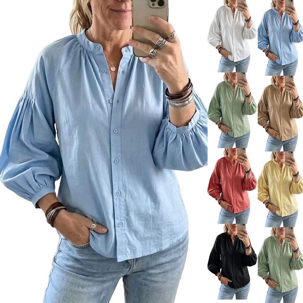 Women's Raglan Puff Sleeve Blouse - Loose Fit Casual Top with Single Button Closure