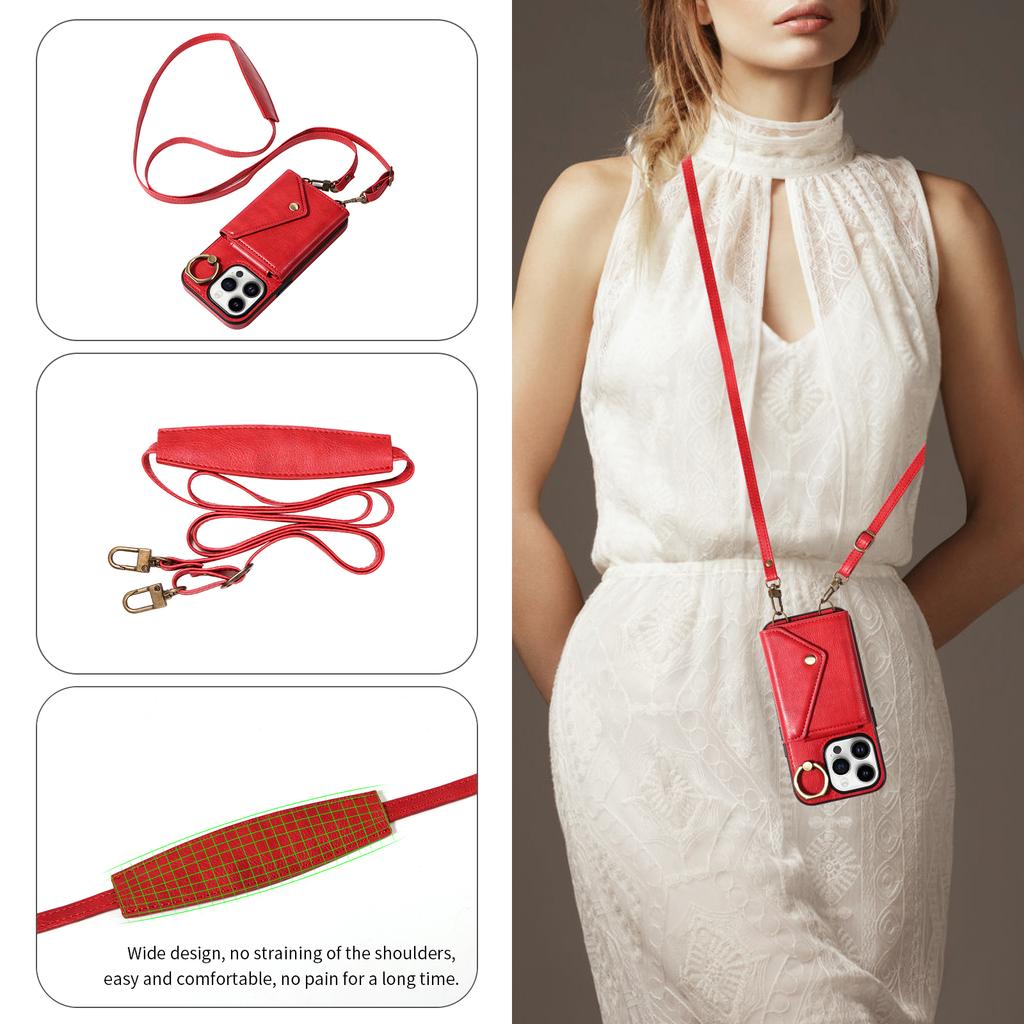 Para iPhone 16 Series.para iPhone 16,16 Plus,16 Pro,16 Pro Max Alça de Ombro Corda Anel Suporte Design Slots para Cartão Padrão Lichee Capa para Telefone