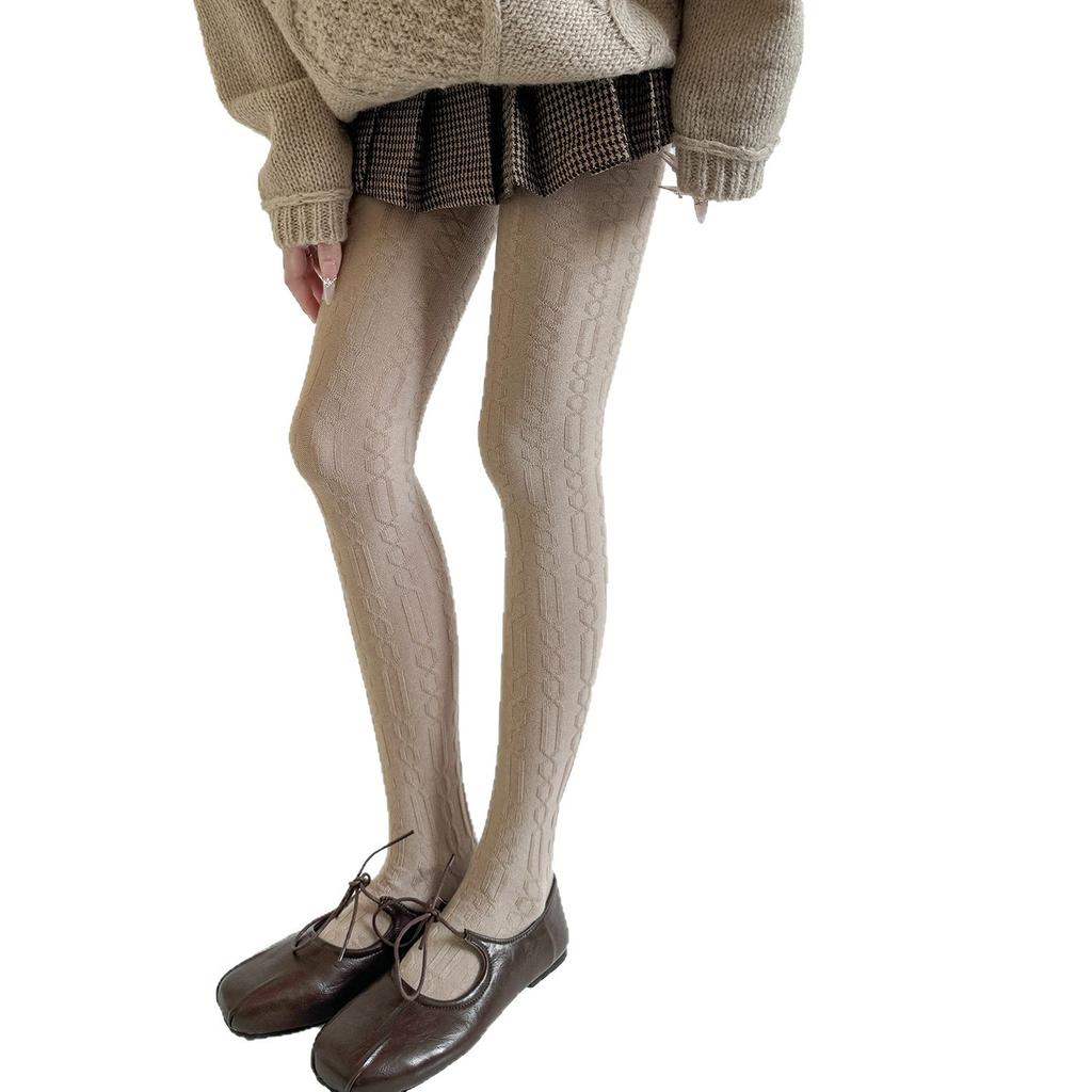 Autumn/Winter Retro Vertical Pattern Warm Wool Leggings Coffee Color Versatile Grey Pantyhose Women Girls Japanese Long Socks