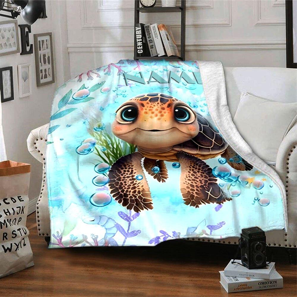 Underwater Turtle With Bubbles And Coral Theme Gift Customizable Blanket Personalized Text Soft Warm Cozy For Sofa Couch Office Bed Picnics For All