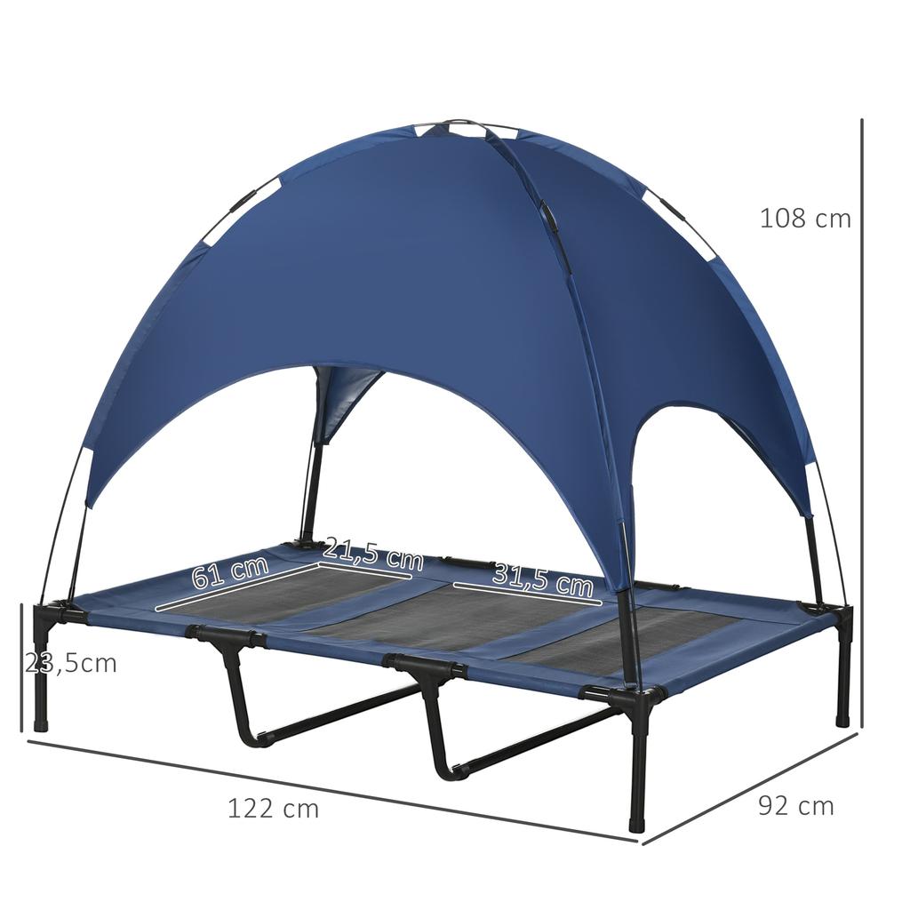 Outdoor Dog Sleeping Spot, Weatherproof Dog Bed, with Canopy, Foldable, 122 x 92 x 108 cm, Blue + Black