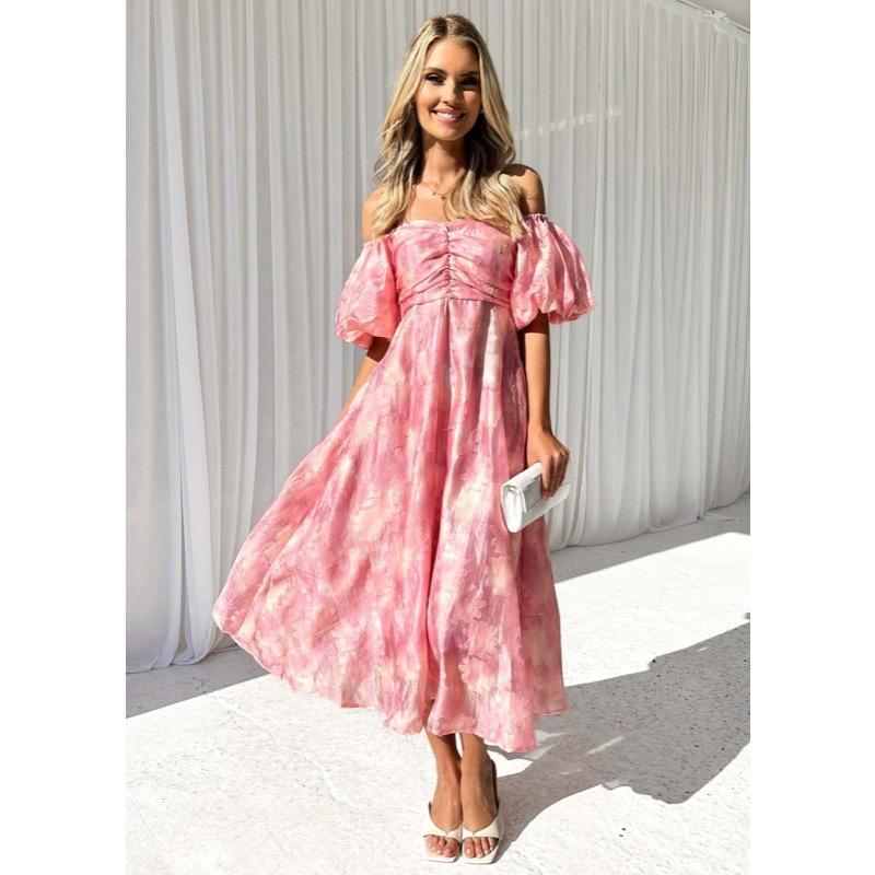 Bubble Sleeve Waist Cinching Temperament Dress for Women