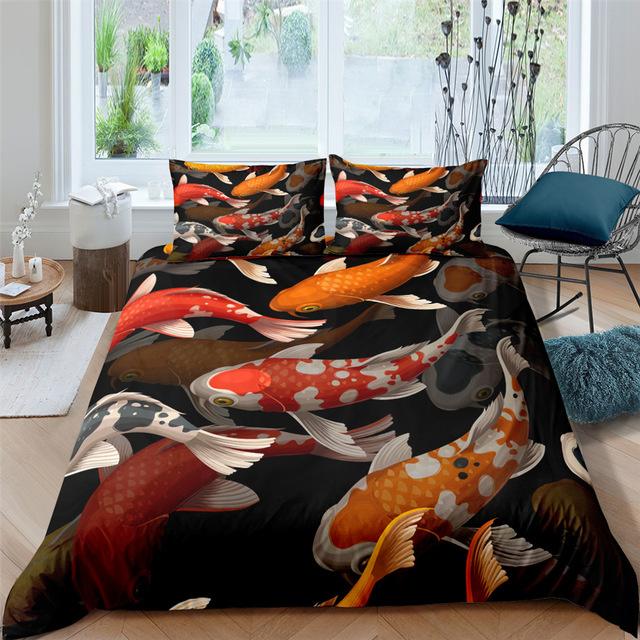 Golden Fish Duvet Cover Set King Size Comforter Cover 3D Print Orange Fishes Lucky for Kids Boys Girls Men Polyester Bedding Set