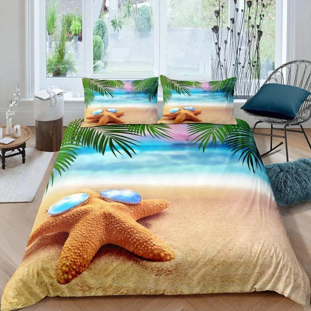 Starfish Duvet Cover Set Summer Beach Seashell Starfish Twin Bedding Set Polyester Hawaiian Tropical Nature Sea King Quilt Cover
