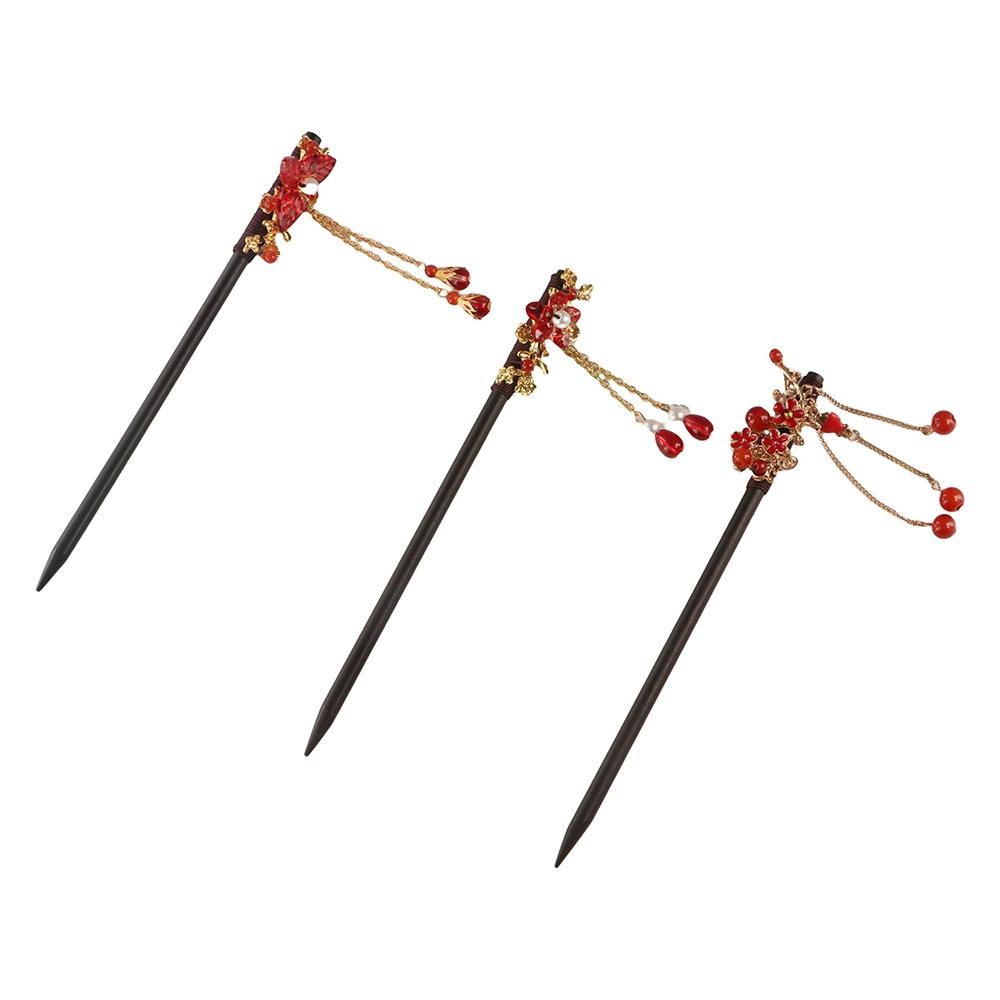 Vintage Red Rose Fringe Hairpin Fashion Chinese Hairpin Headwear Retro Red Hair Stick  Disk Hair