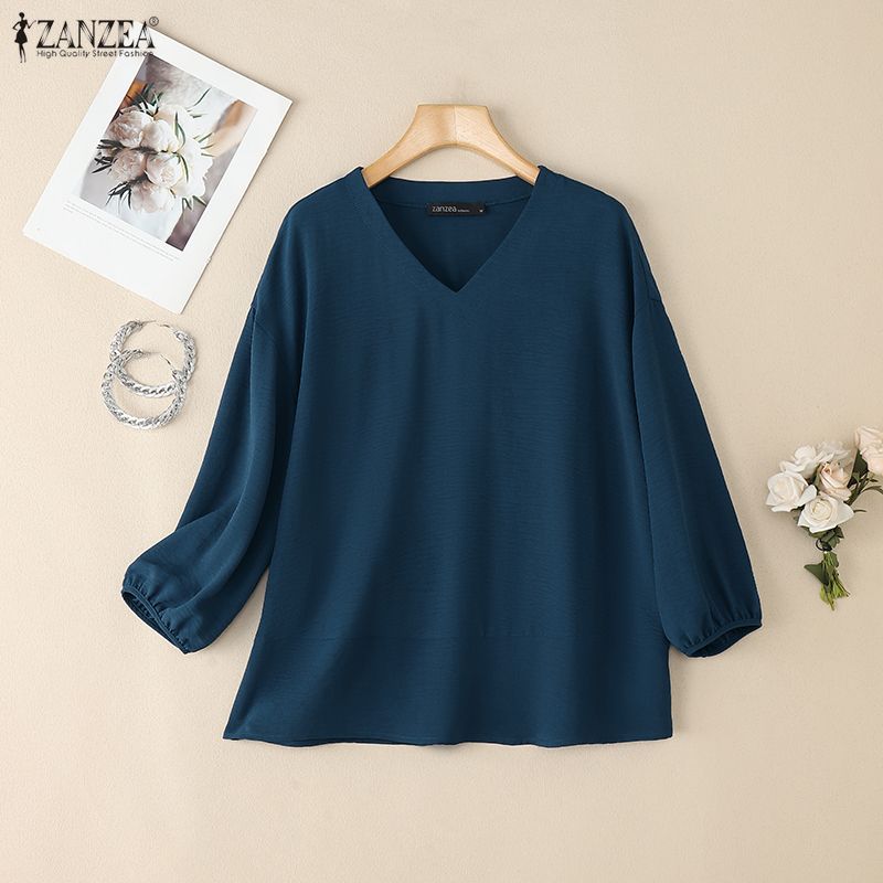 ZANZEA Moteriški laisvalaikio V formos iškirptės vienspalviai 3/4 rankovių marškiniai