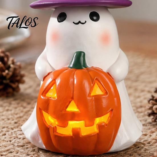 Ambient Autumn Night Lamp Ghost Light, Resin Figurine with Witch Hat Glowing Pumpkin Bucket, Warm Home Table Centerpiece LED Amber Lamp, Farmhouse