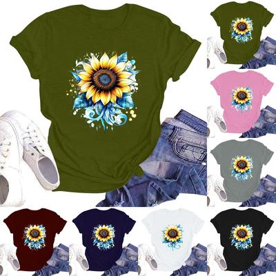 Damen Rundhals Casual T-Shirt Top mit floralem Print und kurzen Ärmeln