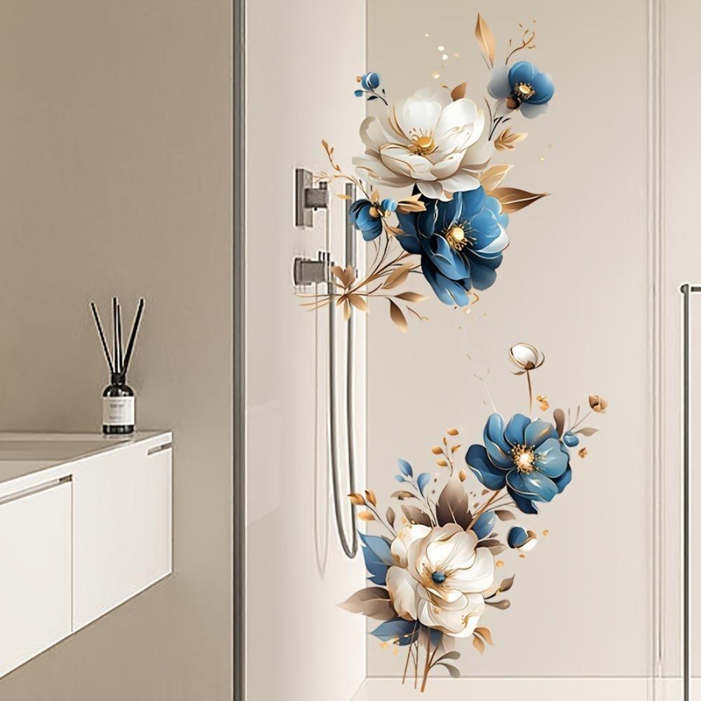 Gold Butterfly Blue Flower PVC Wall Sticker for Bedroom Decor Aesthetic Living Room Decoration Wall Stickers Home Accessories