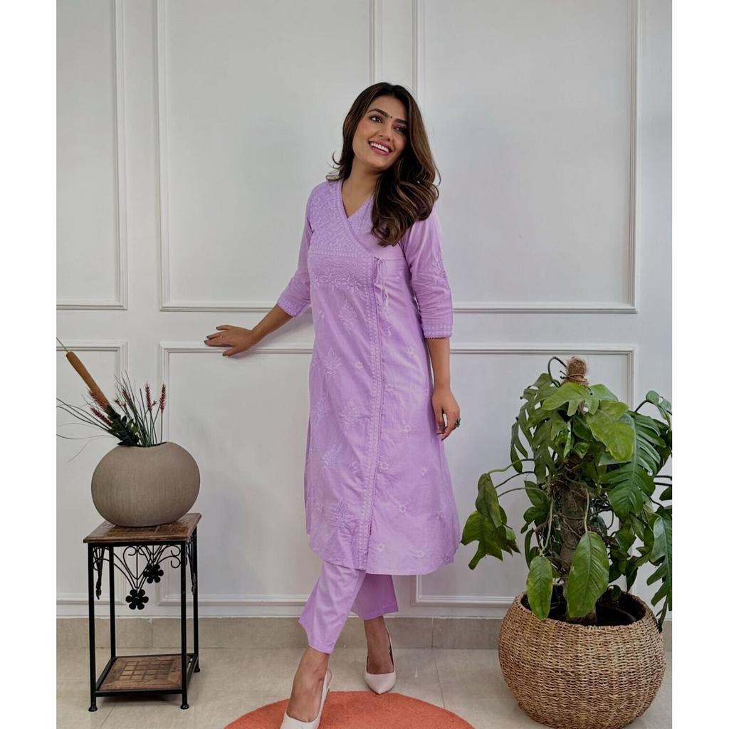 Women's Cotton Chikankari Angrakha Style Kurti Set Indian Pakistani Tunic Dress VF-1865