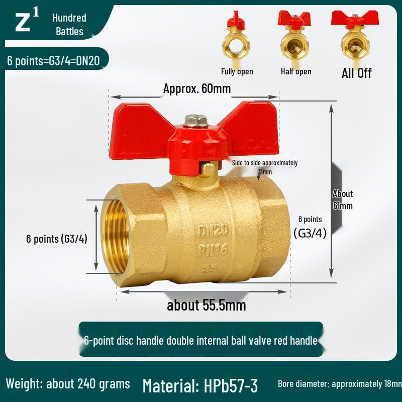 All-Copper Double Internal Thread Ball Valve for Water Heaters, Hot/Cold Tap, DN25, 4/6-Point, Straight Through, Thickened.
