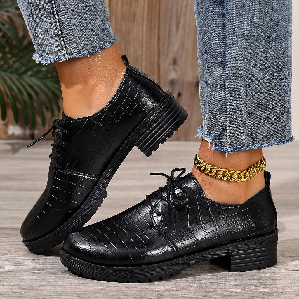Retro Lace Up Low Top Shoes for Women Autumn 2025 New British Style PU Leather Size 36-43 Mid Heeled Loafers Zapatos De Mujer
