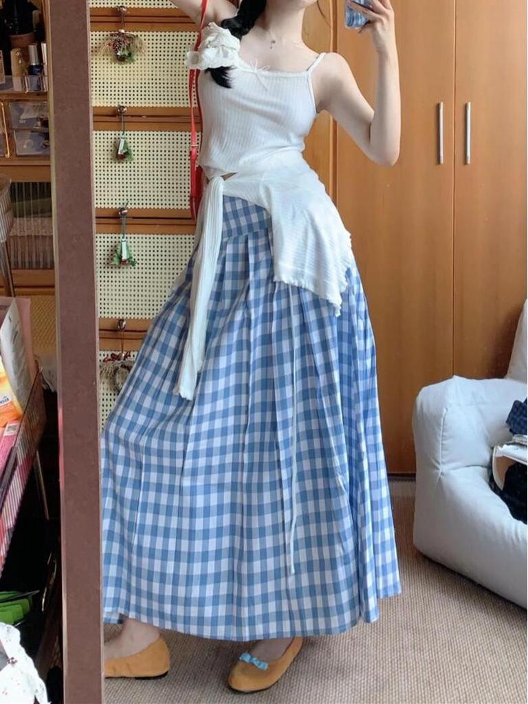 Plus Size American Plaid A-line Pleated Midi Skirt for Women - Autumn College Style