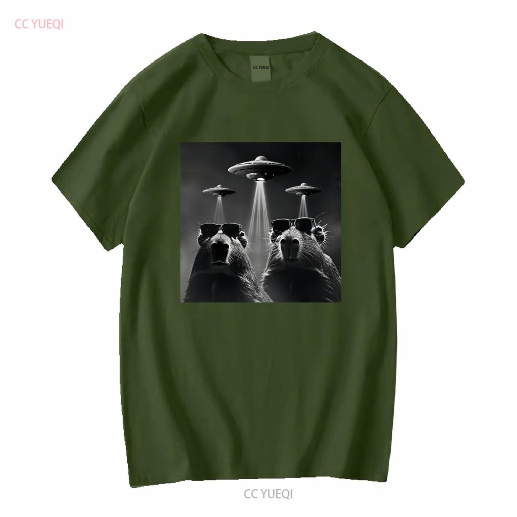 Capybara T Shirt Retro Selfie with UFO Funny Alien Plus Size 5xl 4xl 3xl Long or Short Sleeves Vintage Washed Stylish