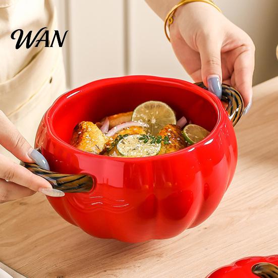 Ciotola da Zuppa con Coperchio, Manico Doppio, Zucca, Adatta al Microonde, Decorativa, Pratica, Regalo Cucina per Casa, Ciotola in Ceramica, Pentola Resistente al Calore per Stufati